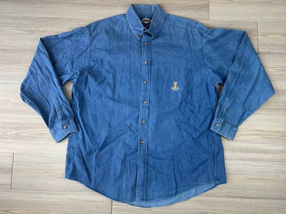 Vintage Ruff Hewn Denim Shirt Men’s L Blue Made In USA Long Sleeve Button Up