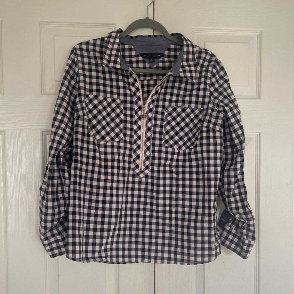 Tommy Hilfiger Gingham Half-Zip Cotton Long Sleeve Collared Blouse XL