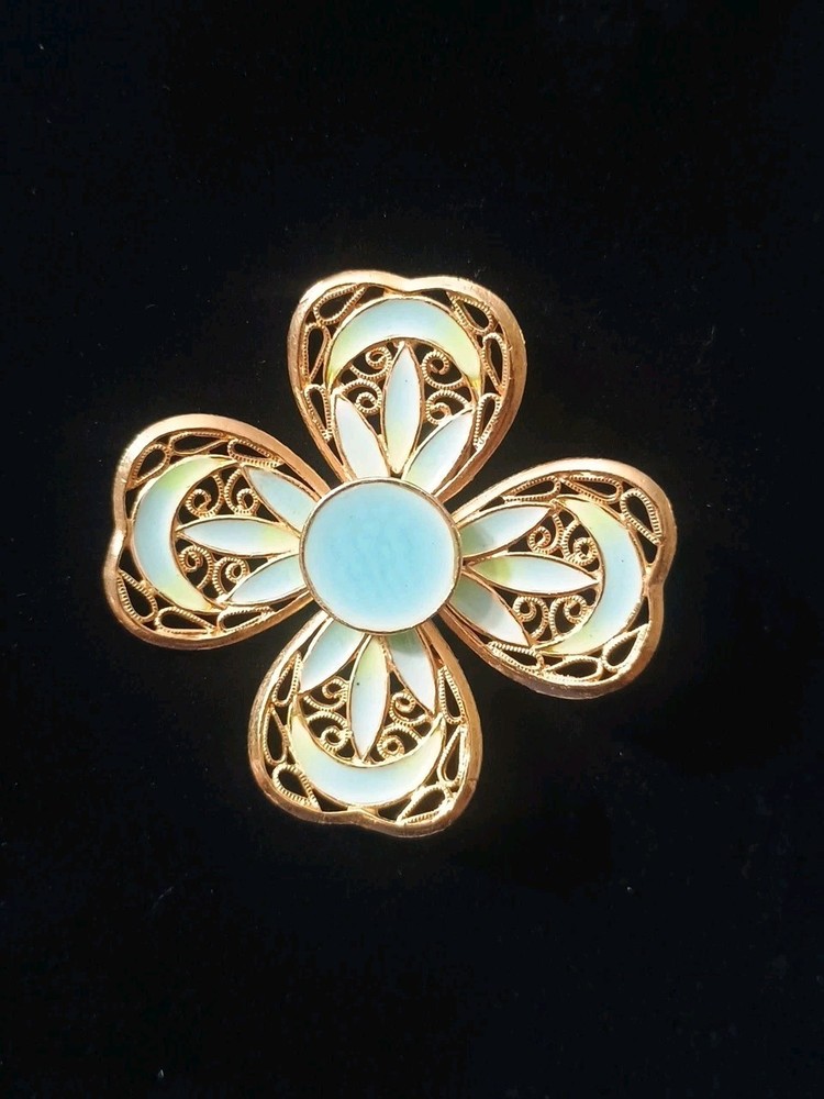Vintage Aqua Blue Flower Brooch  Enamel + Goldtone