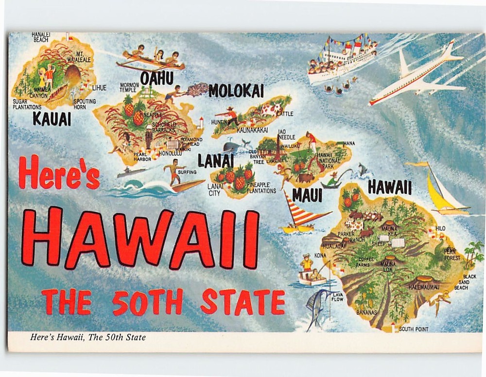 Postcard Map Here's Hawaii The 50th State of USA