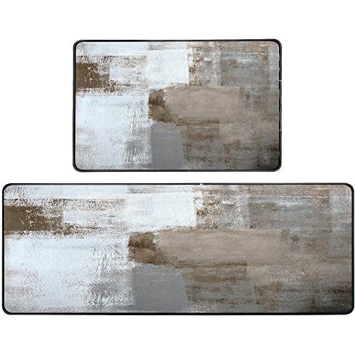 Grey and Brown Abstract Kitchen Rugs with Non-Slip Mats