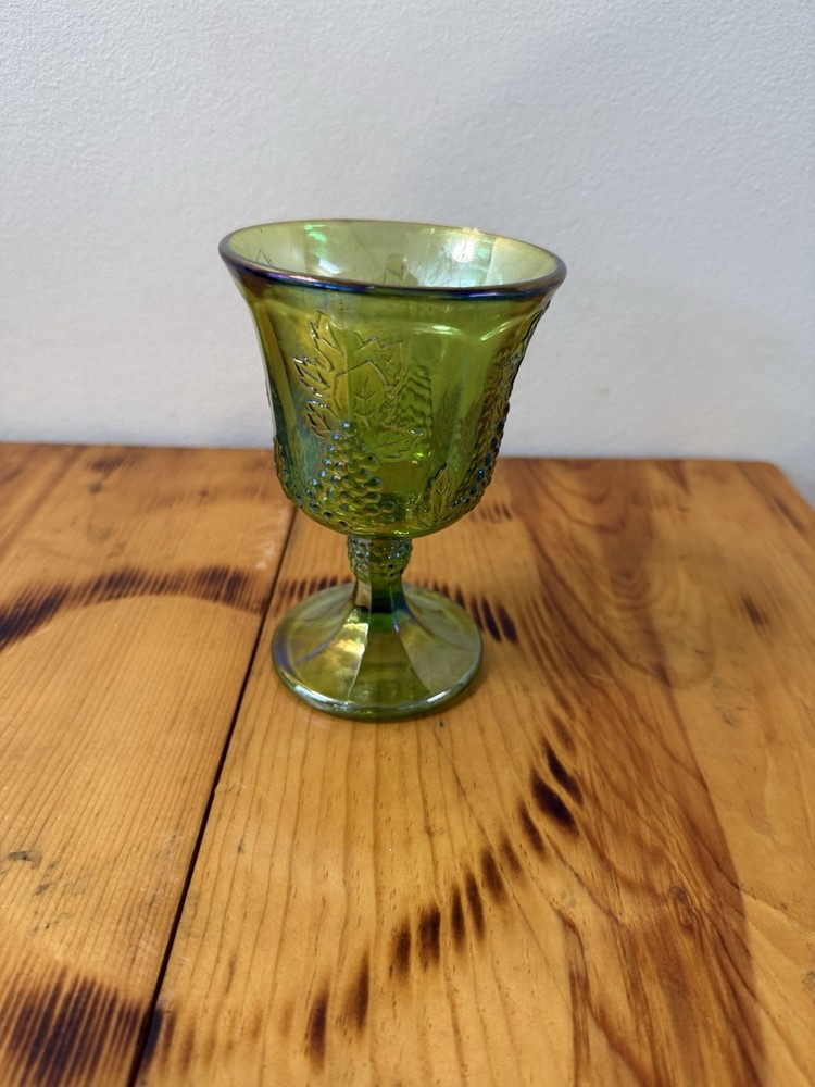 Vintage Green Carnival Glass Grape Goblet Iridescent Stem Wine Glass