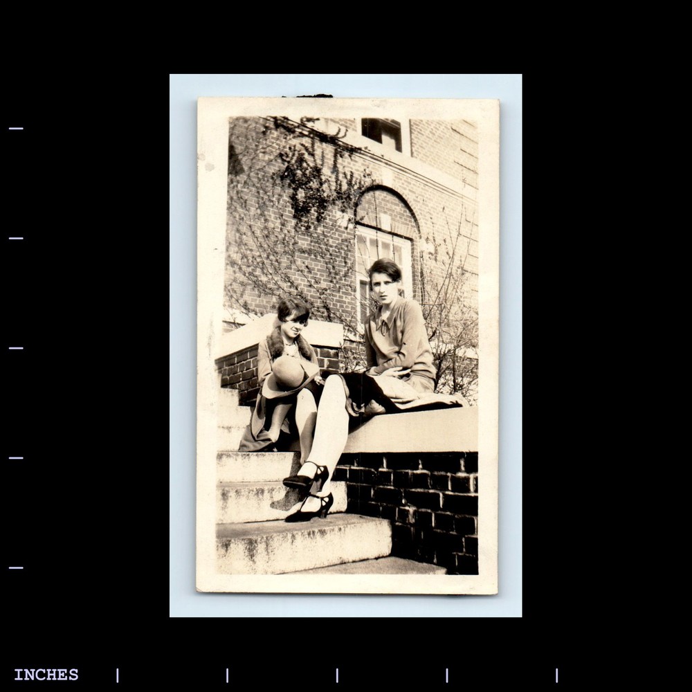 Old Vintage Photo LEGGY WOMEN SITTING OUTSIDE BUILDING