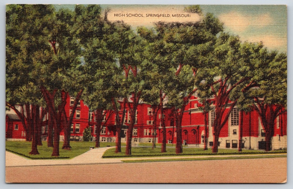 Springfield Missouri~High School Bldg Street View~Ozark News Vtg Linen Postcard