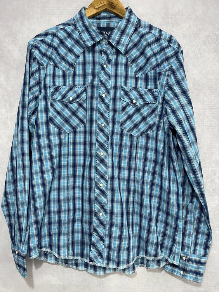 Wrangler Cowboy Shirt Men's Pearl Snap Long Sleeve Check Blue Size L #518
