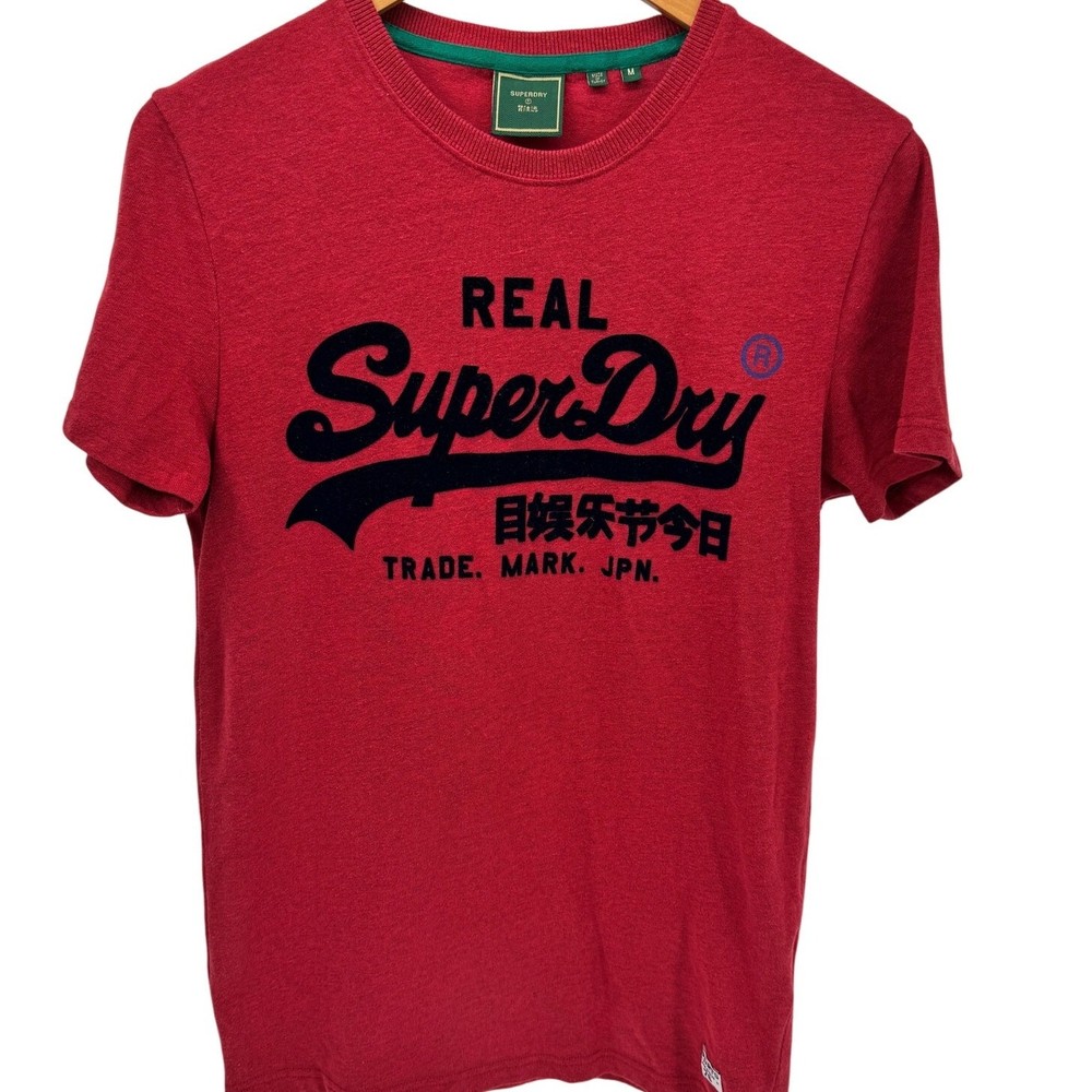 Superdry T-Shirt Mens Medium Red Short Sleeve Varsity Logo Front 03 Back Tee
