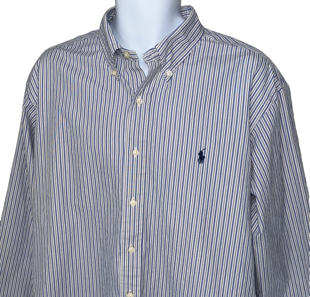 Polo Ralph Lauren Shirt Mens 2XL Classic Fit Button Down Blue Stripped Pony