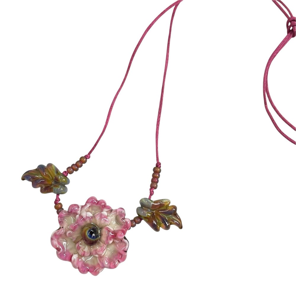 Handmade Lampwork Sculpted Pink Flower & Leaf Artisan Glass Bead Necklace