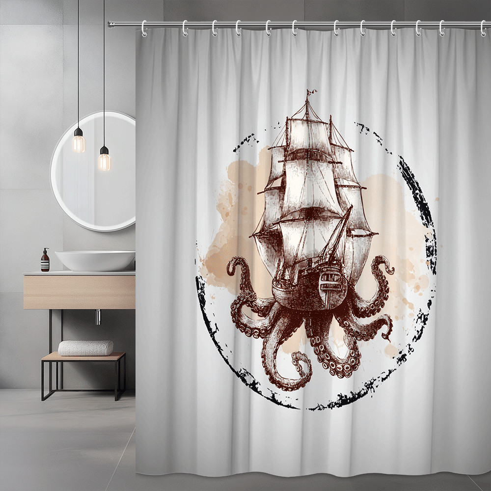 Octopus Ship Shower Curtain Nautical Ocean Graphic Print