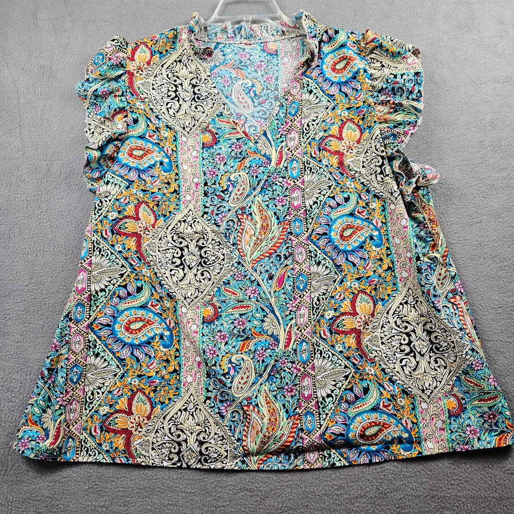 Emery Rose Womens 3XL Ruffled Cap Sleeve V Neck Paisley Top Boho Indie Hippy