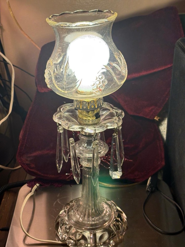 Vintage Glass Boudoir Hurricane Lamp Prisms Grape Shade NWOT Hollywood Regency
