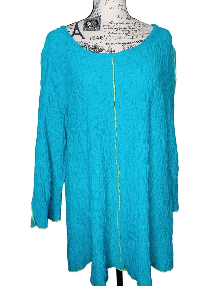 Yushi Womens Large Sky Blue Textured Lagenlook Tunic Top Art to Wear