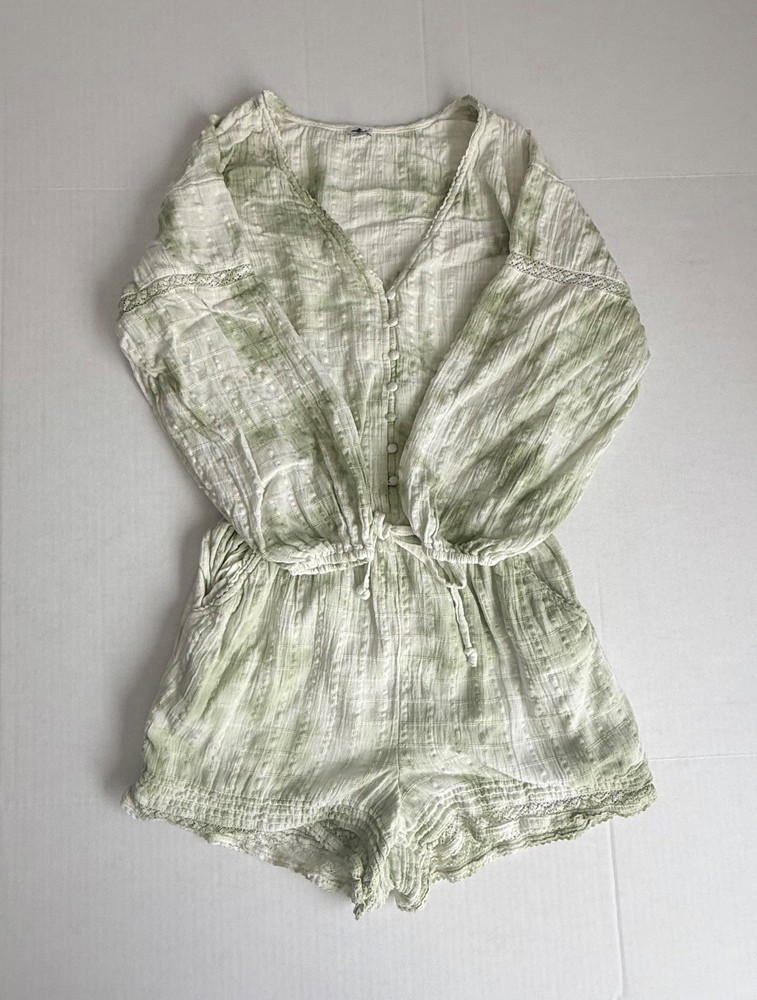 Aerie Women's Casual Green Tie-Dye Long Sleeve Button Front Romper Size Small