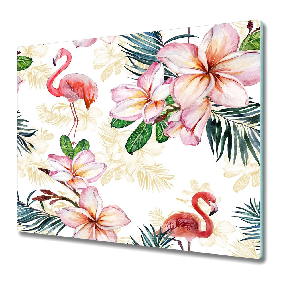 Glass Cutting Board Worktop Saver Tropical flamingo pink and green 60x52