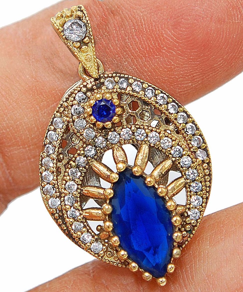 Ottoman Empire Style 4CT Treated Sapphire 925 Sterling Silver Pendant TC3