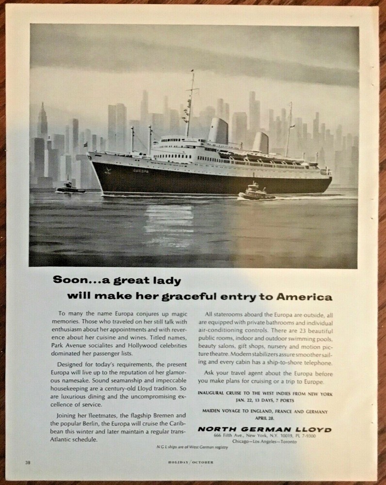 North German Lloyd ship print ad 1965 orig vintage art retro 1960s Europa travel