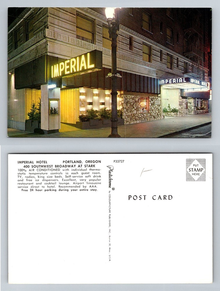 Portland, OR-Oregon, Imperial Hotel Night Entrance Sign Vintage Postcard