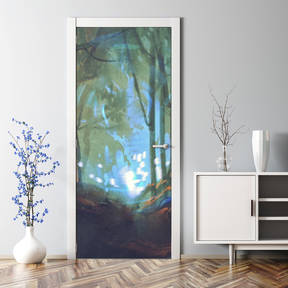 Bubble-free self-adhesive dark forest woodland door sticker