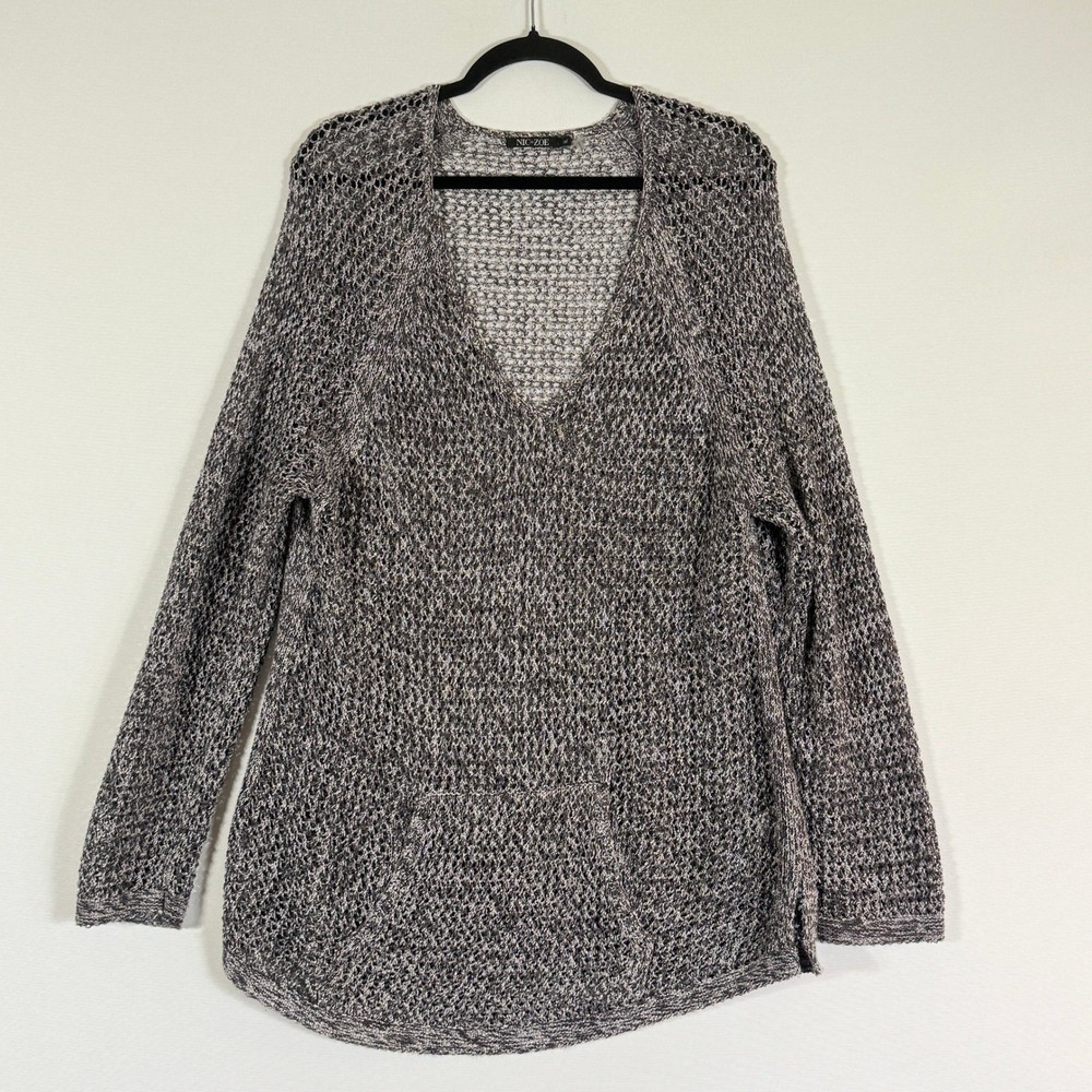 NIC+ZOE XL Sweater Grey Womens V-Neck Open Knit Neutral Minimalist Relaxed