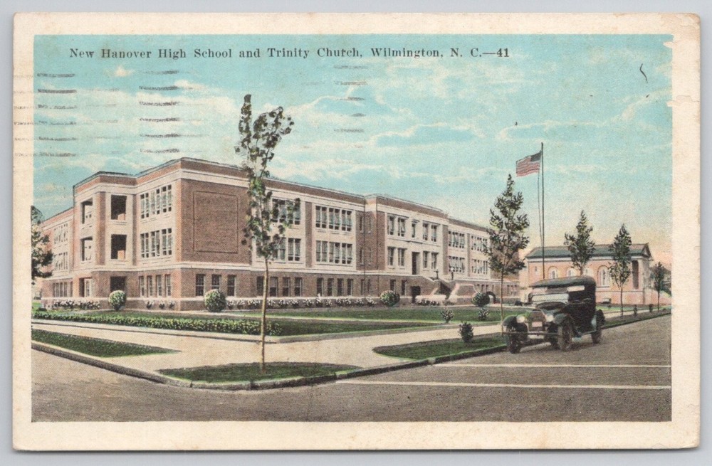 1924 Wilmington NC New Hanover High School Trinity Church Postcard Kropp