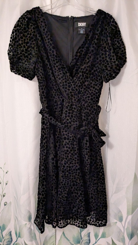 DKNY Womens Black Long Sleeve Belted V-Neck Fit & Flare Dress Size 10