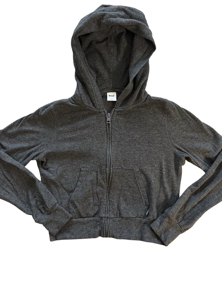 Aritzia TNA Cropped Charcoal Gray Zip Up Cotton Blend Hoodie Small Athleisure
