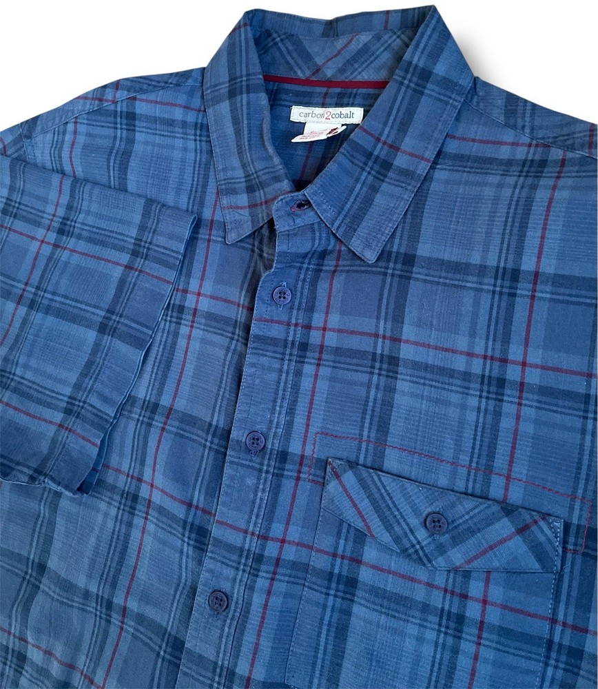 Carbon 2 Cobalt Shirt Mens Medium Blue Short Sleeve Button Up Striped Plaid