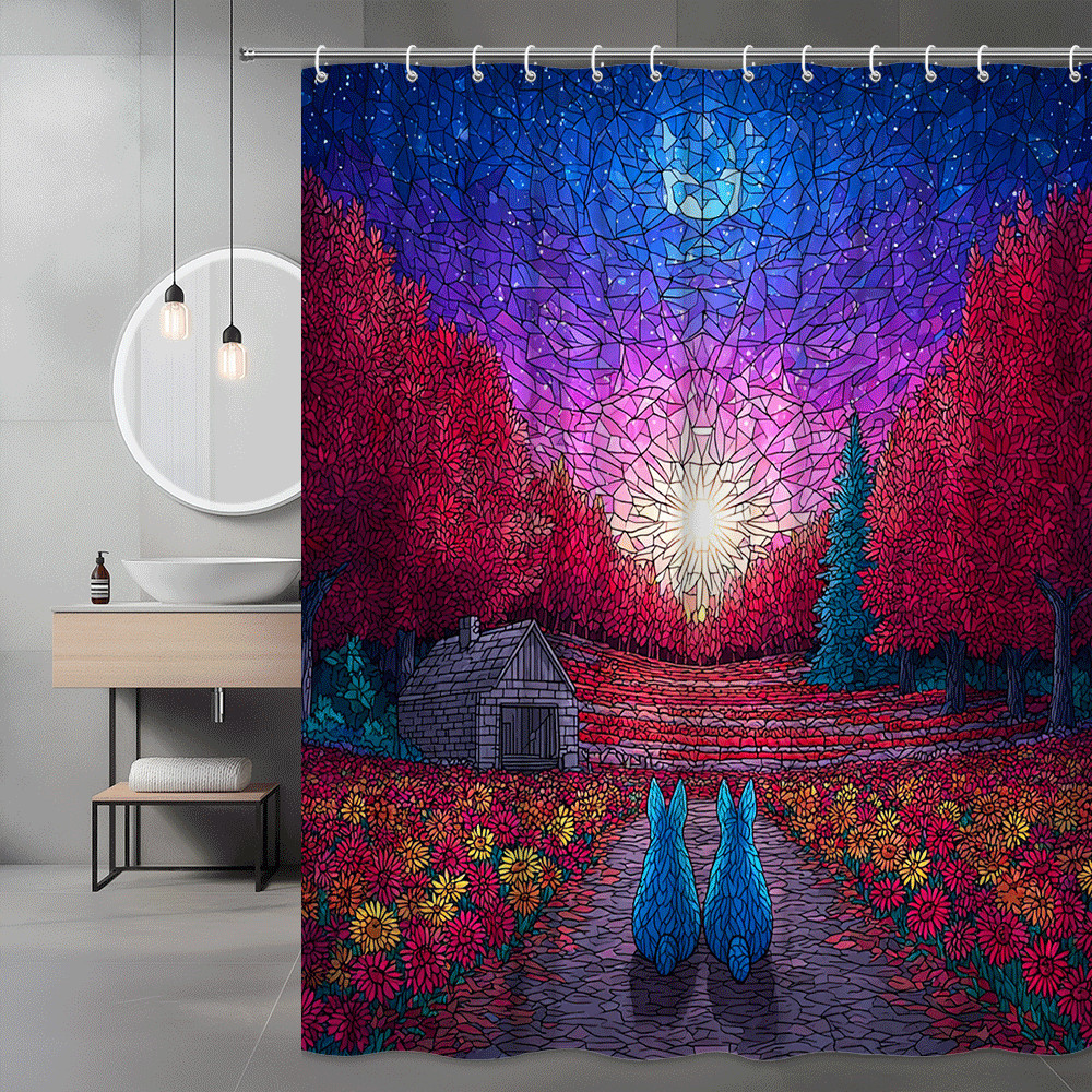 Stained Glass Style Landscape Shower Curtain Blue Pink Forest