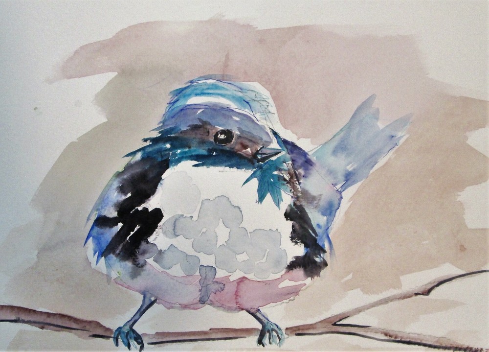 Chubby bird tree landscape 9x12 watercolor painting art Delilah