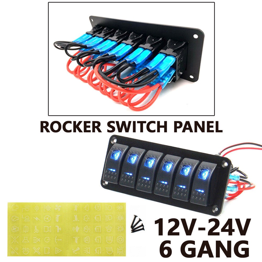 6 Gang Rocker Switch Control Panel BLUE LED Circuit Charger Race Car Marine Boat