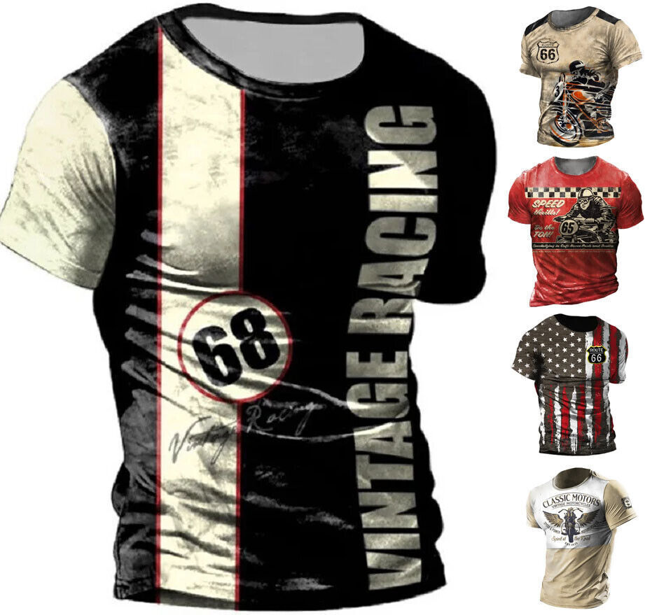 Retro Style Biker Design Graphic T-Shirt Mens O Neck Short Sleeve Tee Top