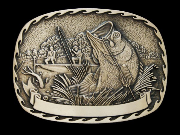 NF27142 *NOS* VINTAGE 1970s *HOOKED LARGE MOUTH BASS* SOLID BRASS FISHING BUCKLE