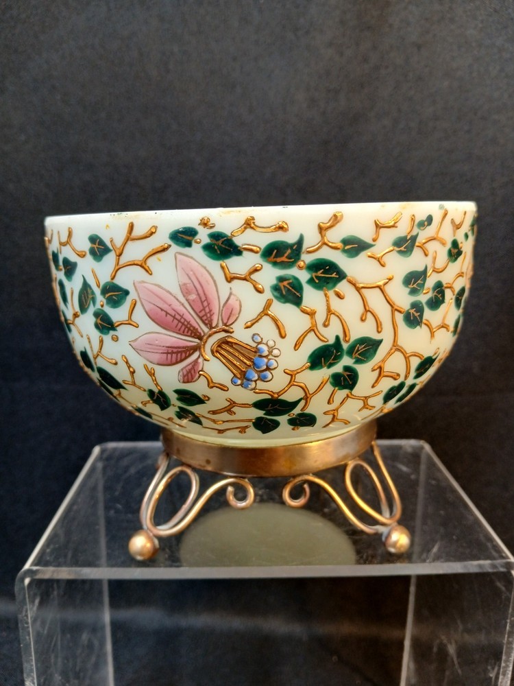 Hand Enameled White Opaline Uranium Glass Bowl Brass Stand