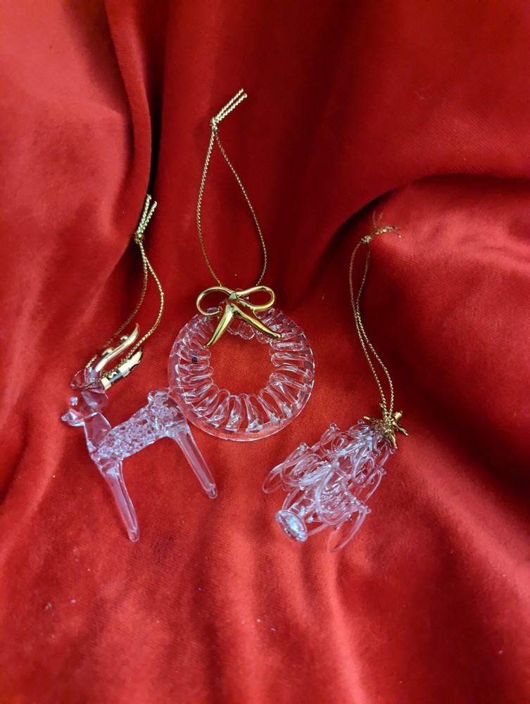 Set of 3 Sparkling Glass Gold Accent Christmas Ornaments Wreath Reindeer Tree-image