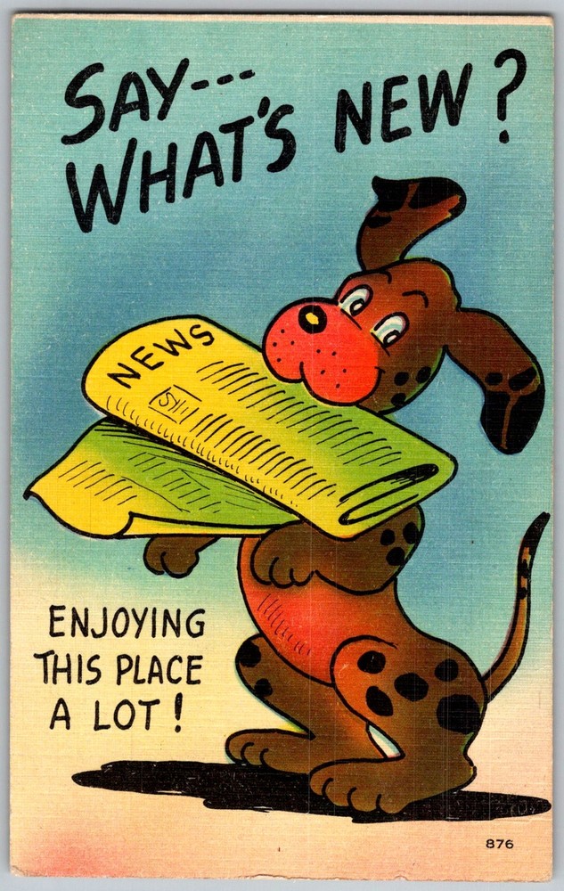 Vtg Linen Postcard Cartoon Dog Holding Newspaper 1940s