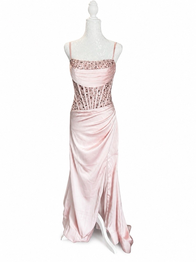 Blush Pink Sequin Corset Satin Maxi Gown Formal Dress Size 2 Prom Bridesmaid NEW