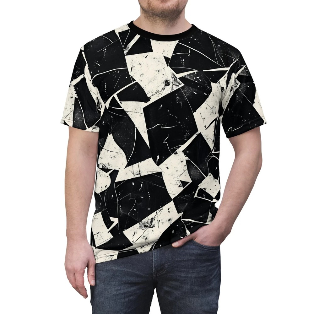 Abstract Black & White Geometric T-Shirt – Modern All Over Print Graphic Tee-image