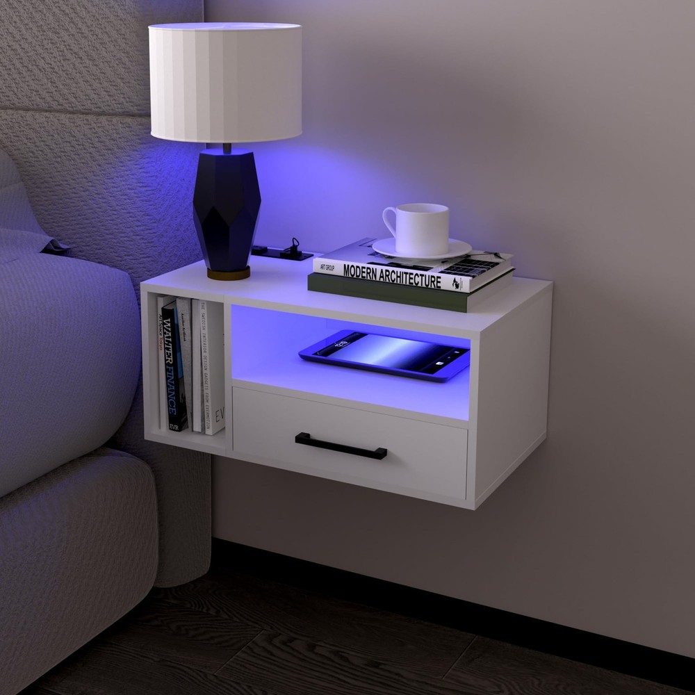 Modern Floating Nightstand with LED Lights & Charging Station, White