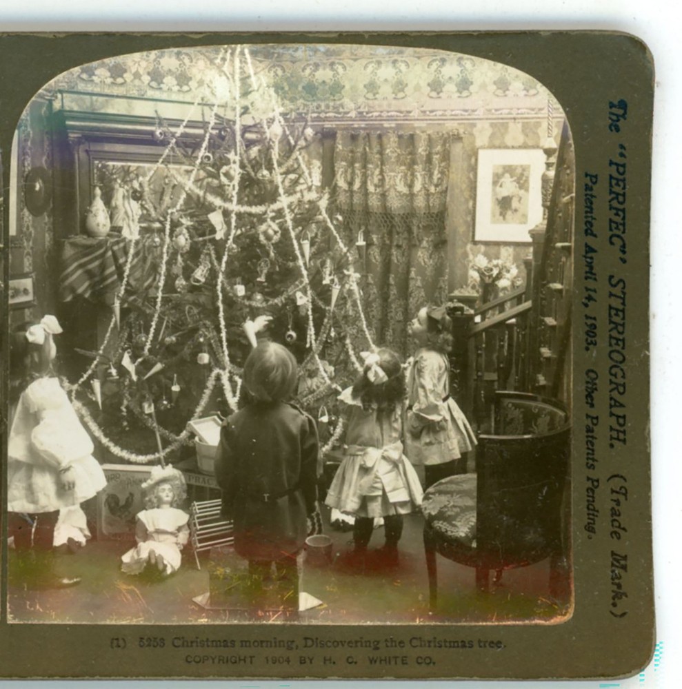 Children Christmas Morning discovering the Christmas Tree White Stereoview