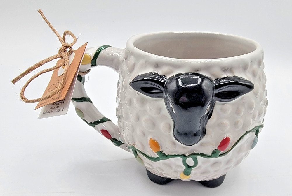 MUD PIE Sheep Festive Holiday Christmas Lights Coffee Tea Handle Round Mug Cup