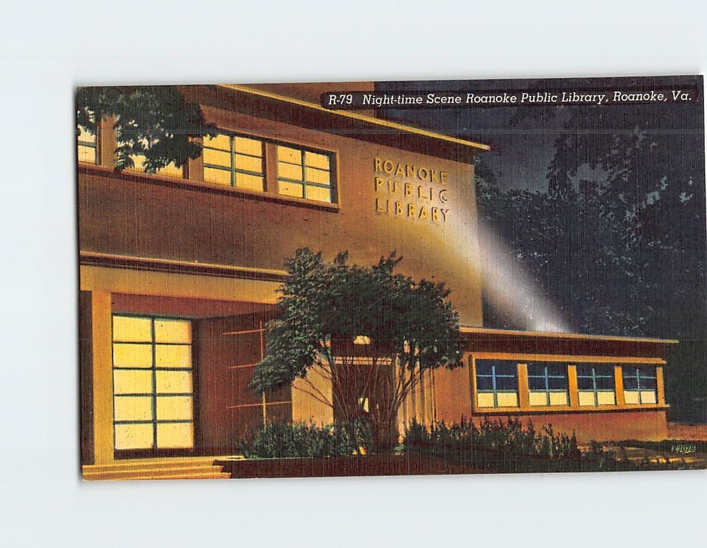 Postcard Night Time Scene Roanoke Public Library Roanoke Virginia USA