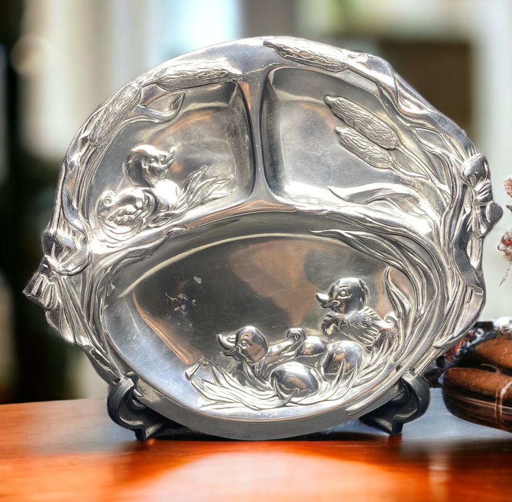 Arthur Court Silver Aluminum Divided Dish Baby Ducks Cattails Nest Easter