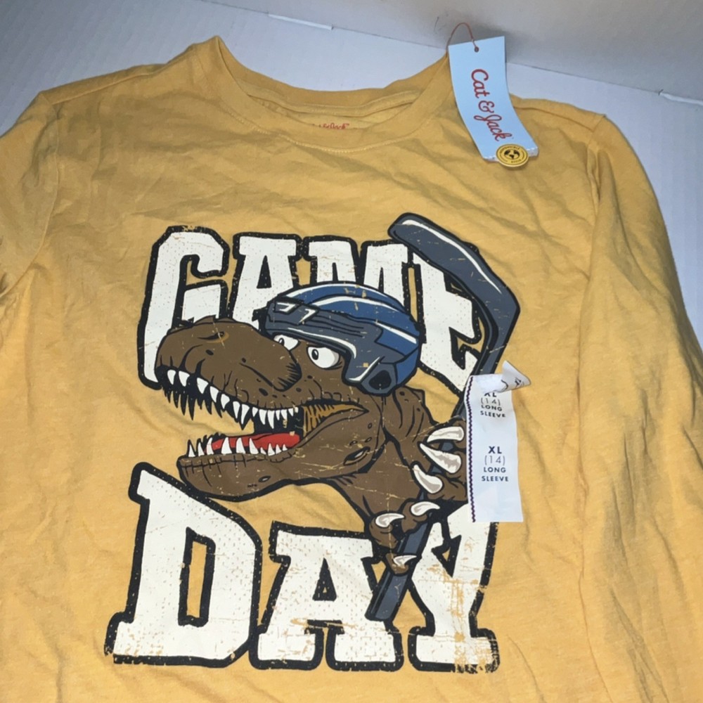 Cat & Jack Boys XL (14) Yellow Dinosaur Hockey Graphic Long Sleeve T-Shirt