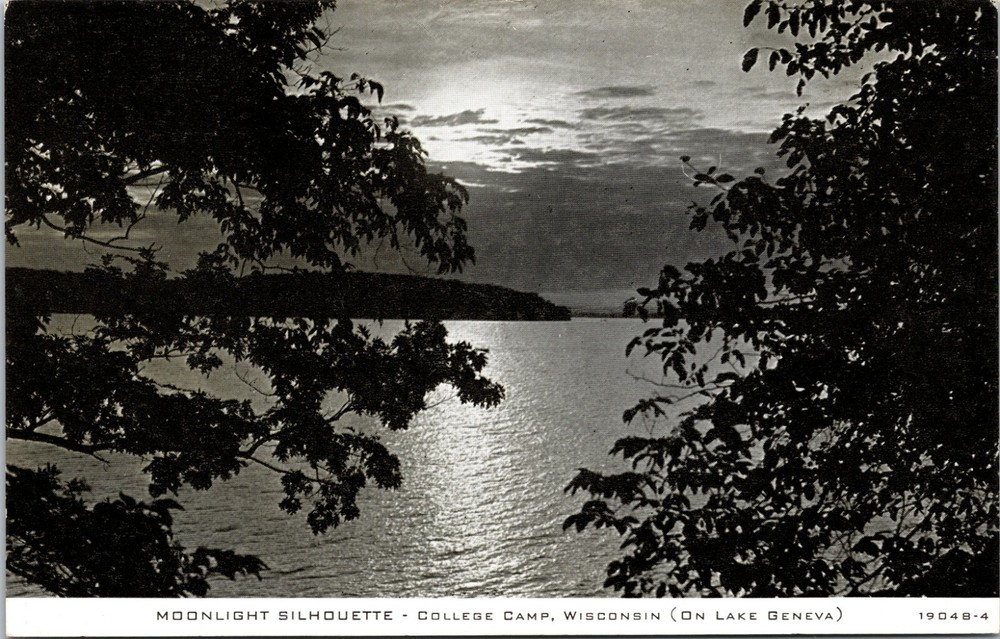Moonlight Silhouette College Camp Lake Geneva Wisconsin Vintage Postcard