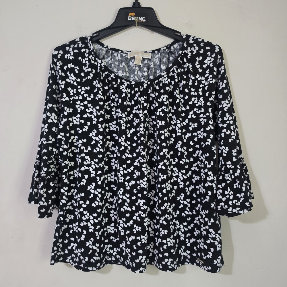 Michael Kors Large Women's Top Flounce Sleeve Black & White Cotton Blend