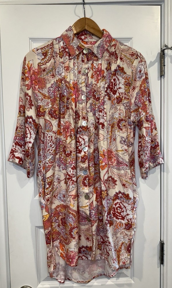 Papinelle Pajamas Small Nightie Night Shirt Button Front Paisley Floral Print