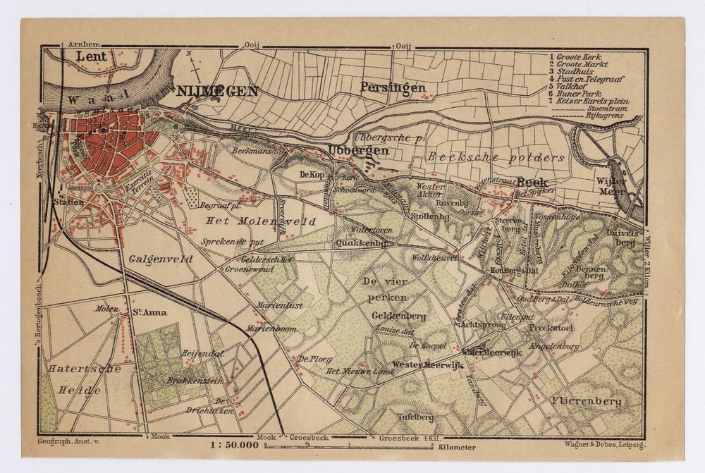 1900 Antique City Map Of Vicinity Of Nijmegen / Holland Netherlands