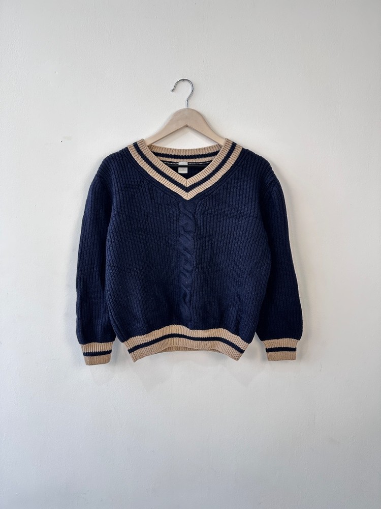 Eleventy Italy Luxury Wool Cable Knit Cricket Sweater Navy/Cream Preppy Style XL