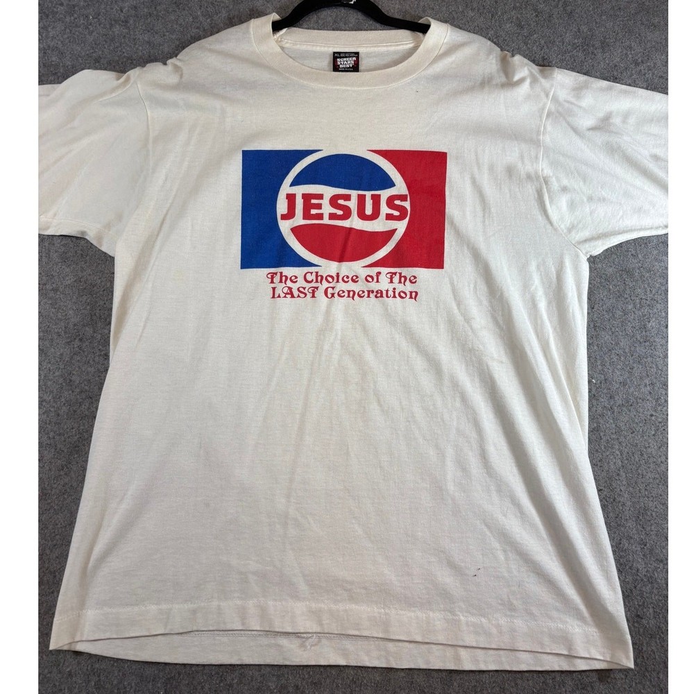 Vintage 80s Jesus Logo Parody Shirt Mens XL White Paper Thin Streetwear Tee USA