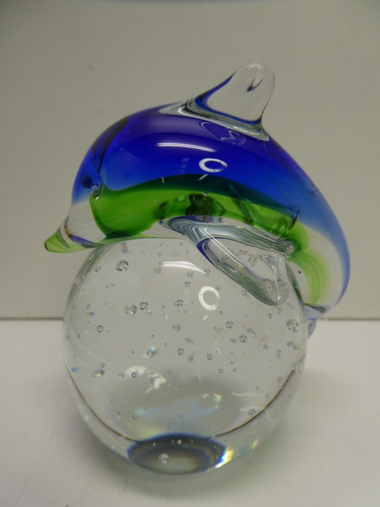 ART GLASS HAND MADE  PAPER WEIGHT DOLPHIN SHAPED CASED BUBBLES